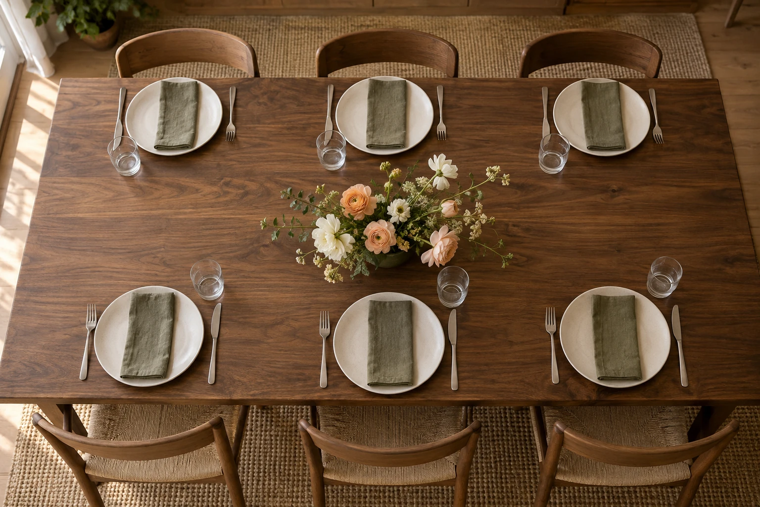 Illustrative overhead view of a dinner table with ivory plates, olive napkins and a compact flower arrangement.