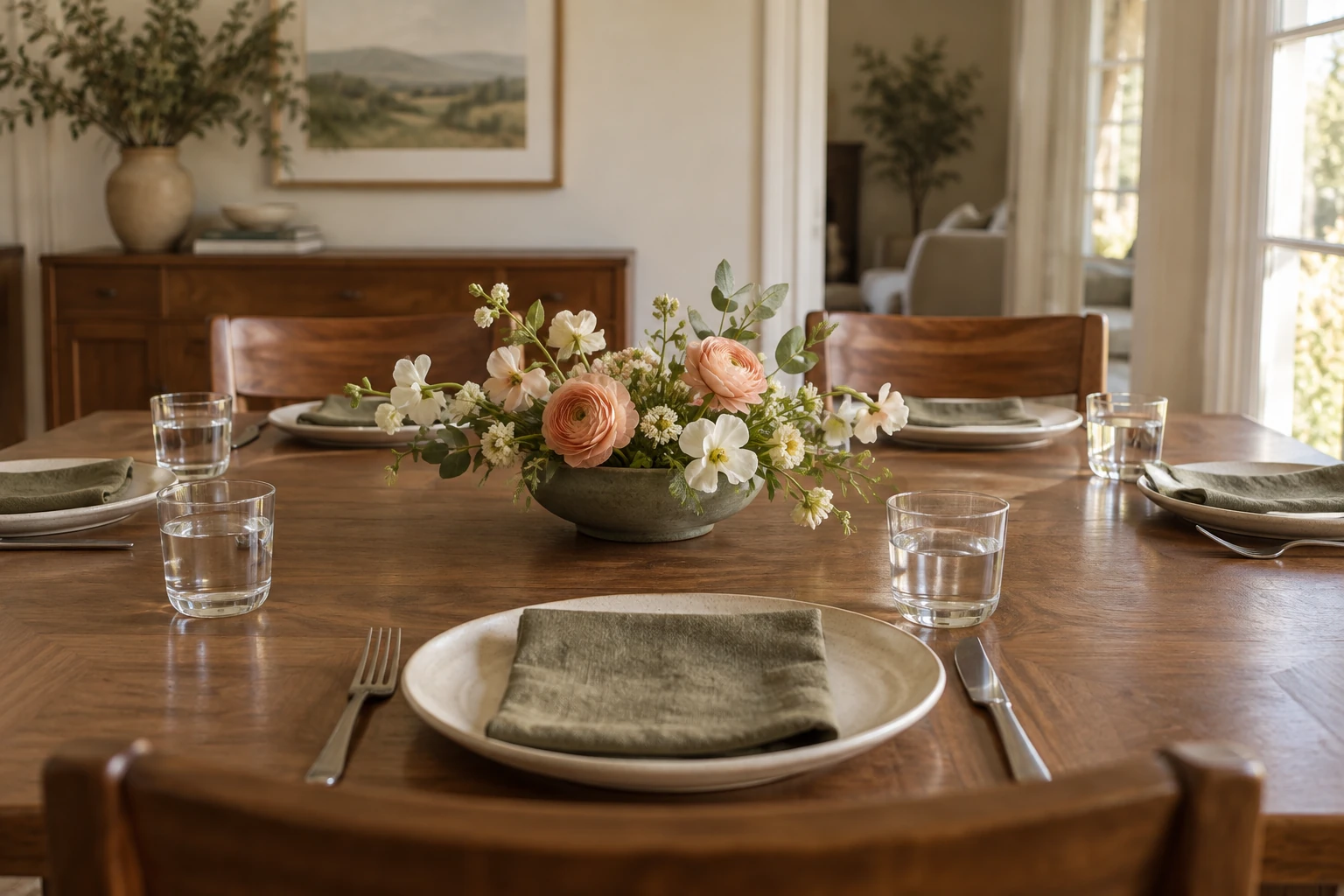 Illustrative seated view across a low flower arrangement, with the opposite side of the table visible above it.