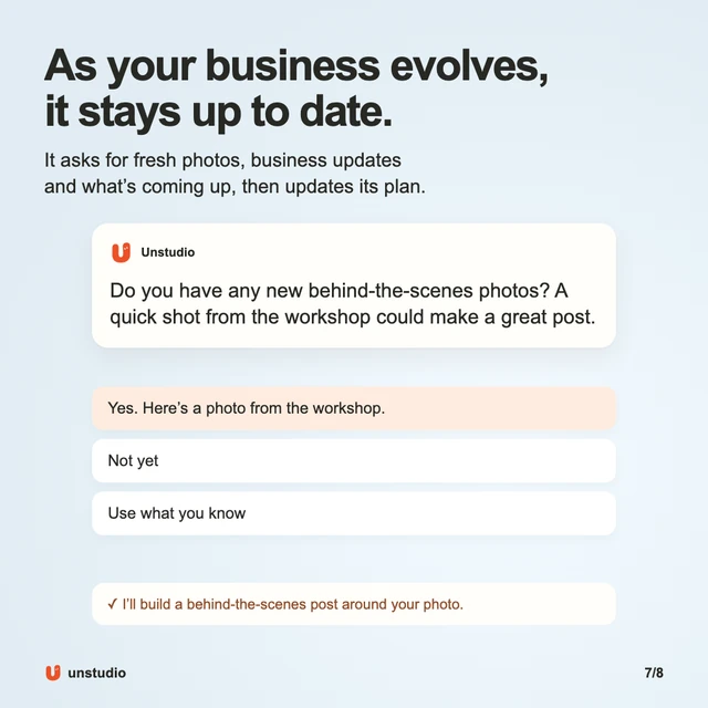 Illustrated conversation: Unstudio asks for a new workshop photo. The owner can supply one, say not yet or ask it to use what it knows.