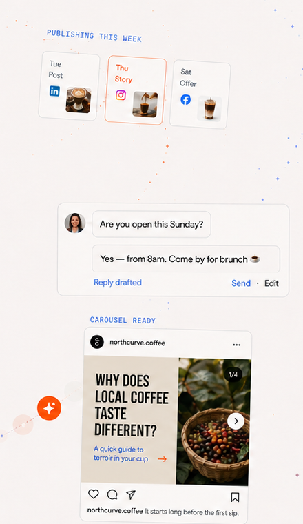 A publishing schedule, drafted reply and carousel prepared by Unstudio