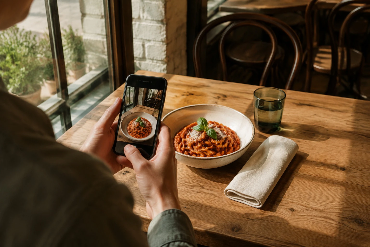 A restaurant owner using a phone to photograph a bowl of pasta by the window.