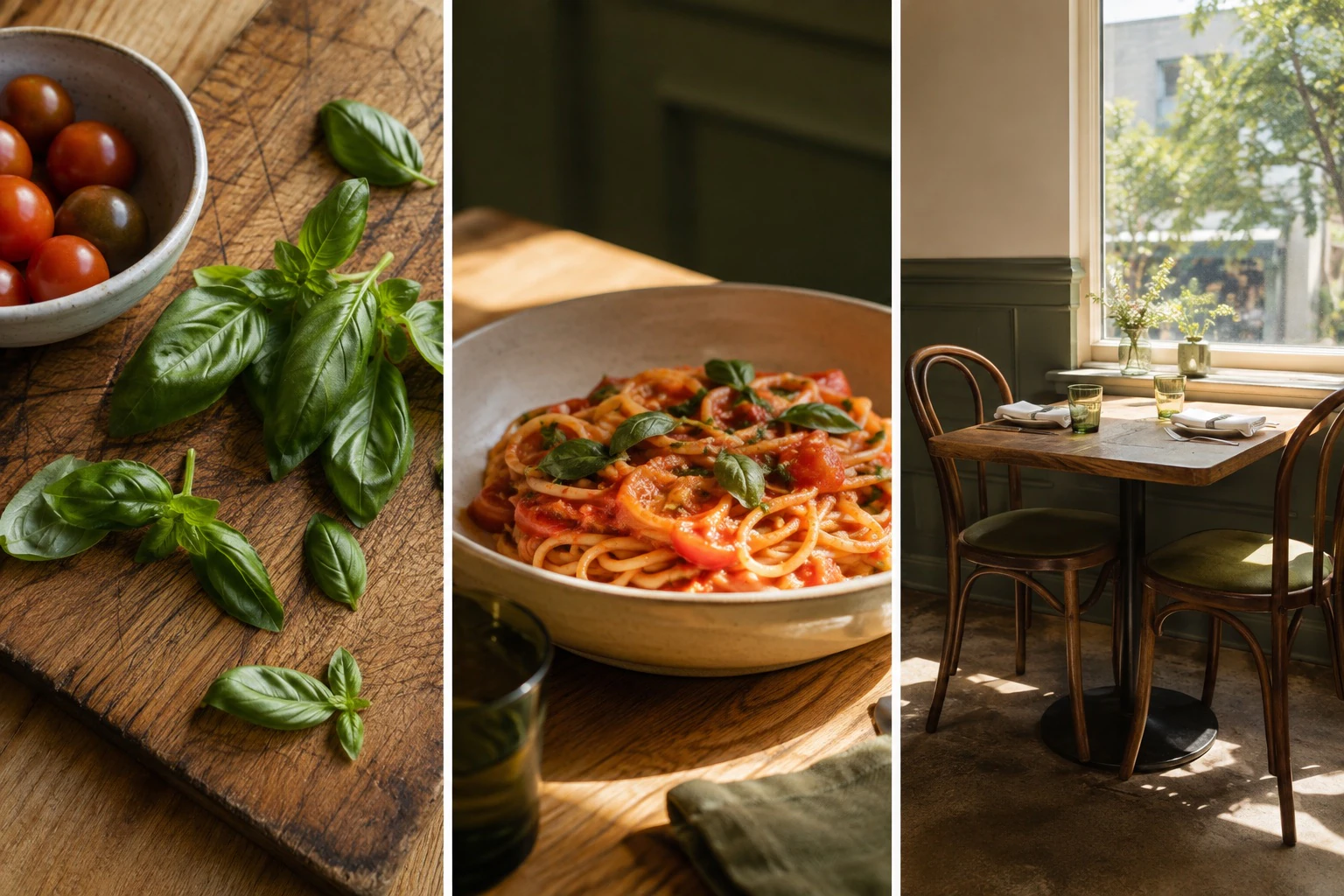 Three example photos for a restaurant: fresh basil and tomatoes, a finished pasta dish, and a sunny table for two.