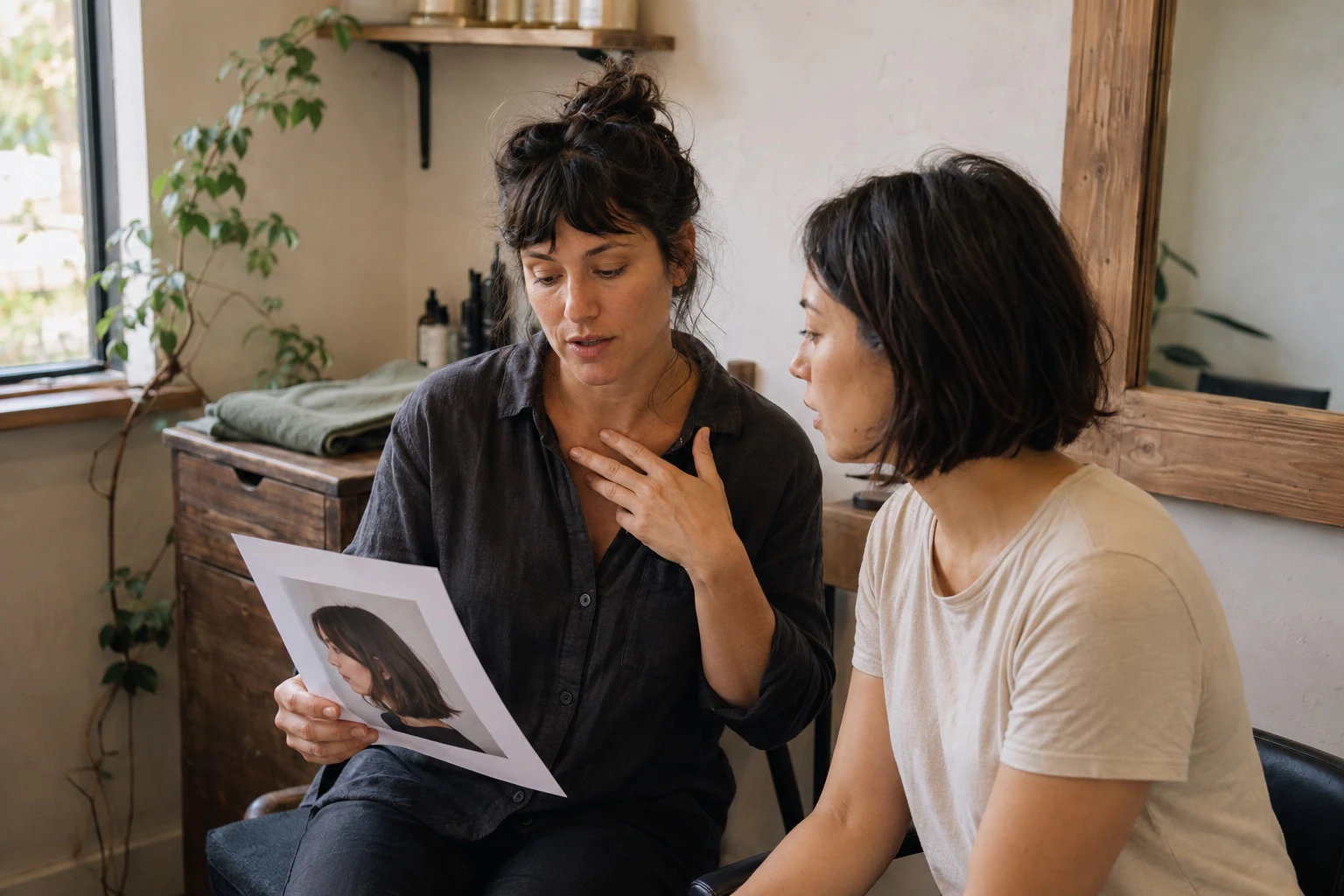 A stylist and client discussing a haircut reference photo before an appointment begins.